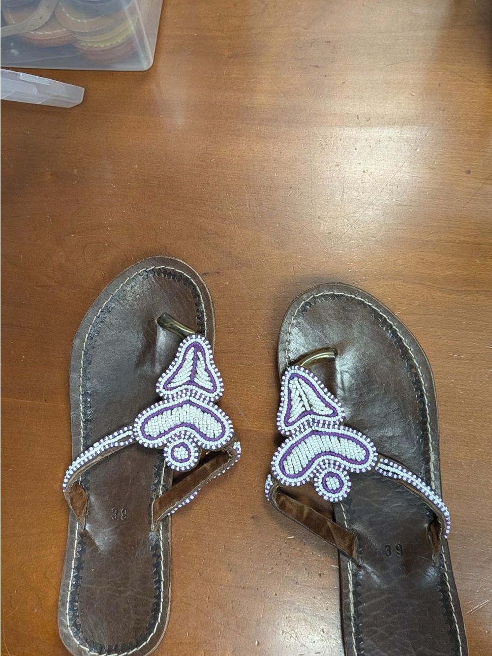 Women's Brown Beaded Thong Sandals with Purple Accent